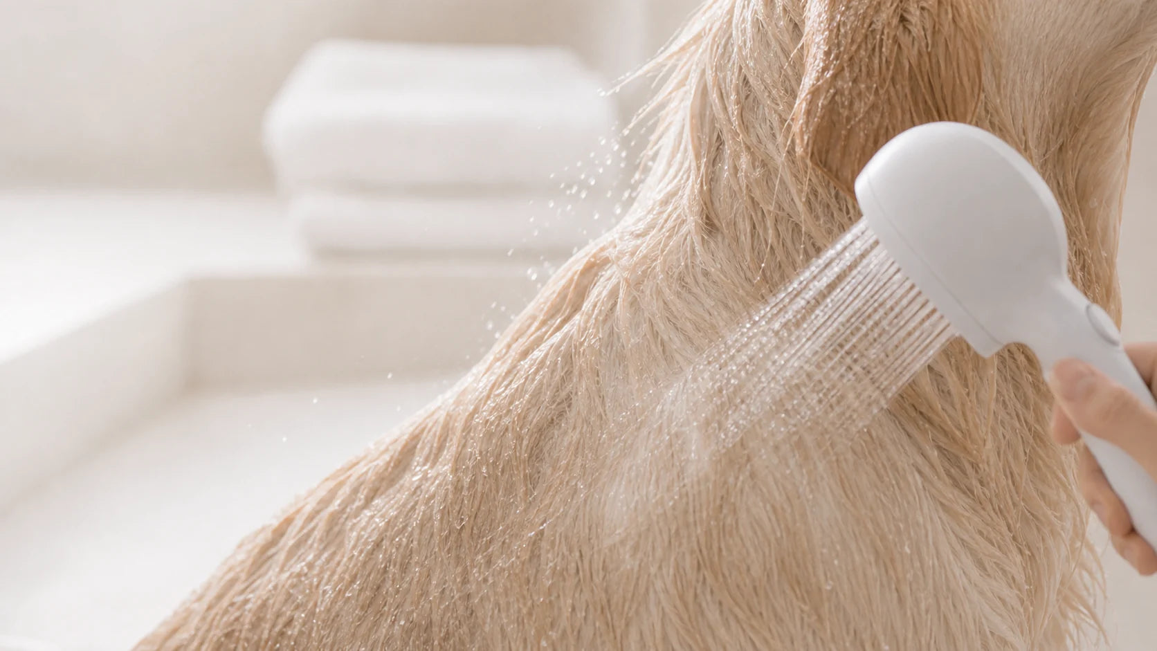 A gentle final rinse moving across a clean dog coat