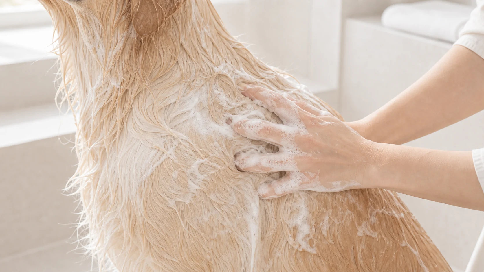 A dog coat being gently washed as the usual bath step