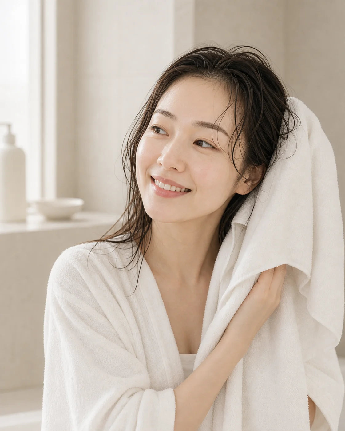 Asian woman smiling after a shower while drying her hair with a white towel