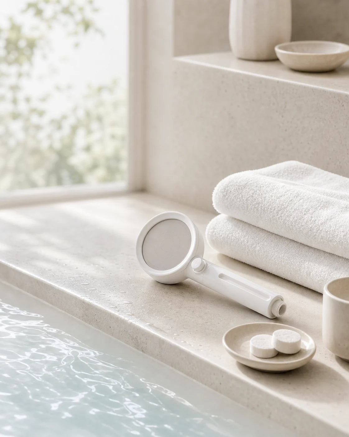 Quiet bathroom ritual with towels, CO2 tablets, and Nagayu shower head